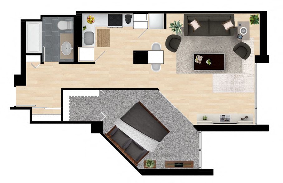 Floor plan for 1 bed, 1 bath, 705 sqft